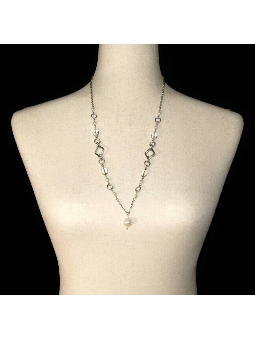 Vintage Silver Tone, Clear Plastic, Freshwater & Faux Pearls 27 to 29" Necklace.